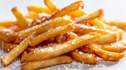A close-up of freshly fried white-back fries, golden and crunchy, with a light dusting of salt, set against a pristine white background for a clean and appetizing presentation