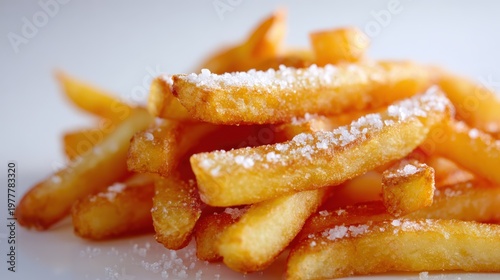 A close-up of freshly fried white-back fries, golden and crunchy, with a light dusting of salt, set against a pristine white background for a clean and appetizing presentation