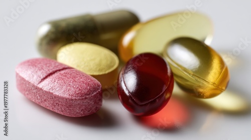 A close-up of pain relief tablets and capsules placed on a white background, illustrating their ease of use and effectiveness in managing common health issues