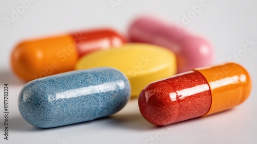 A close-up of pain relief tablets and capsules placed on a white background, illustrating their ease of use and effectiveness in managing common health issues