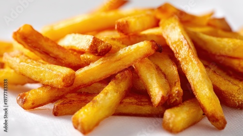 A close-up of hot and crispy white-back fries, golden in color, set on a white background to emphasize the crispy texture and golden appearance of the fries