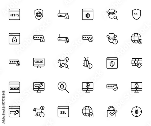 Internet Security icon set. Vector symbols for Https, Firewall, Virus, Password, Safety, Network, SSL, and more. Editable thin line web icons.