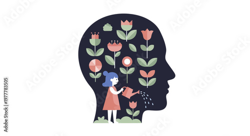 Child watering flowers inside a human head silhouette symbolizing growth and mental well-being.