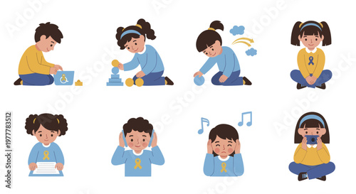 Children displaying various emotions and activities in a playful setting.