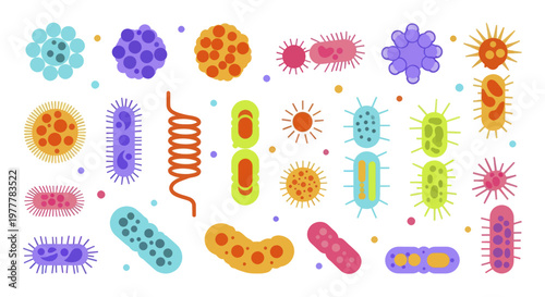 Collection of colorful diverse microscopic bacteria and viruses illustration.