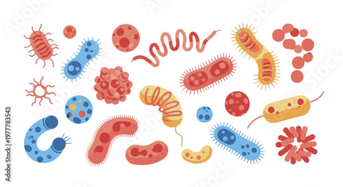 Collection of Diverse Microscopic Bacteria and Viruses Illustrated.
