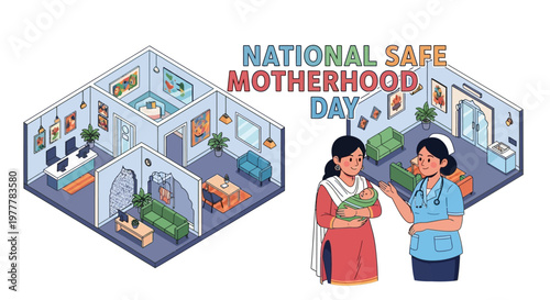 Isometric illustration promoting literacy development for children, showcasing a child writing illustration concept, with a teacher helping a student write in a playfully decorated