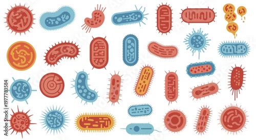 Collection of Diverse Microscopic Bacteria and Viruses Scientific Illustration.