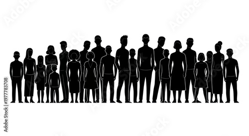 Diverse group of people silhouettes standing together in a line.