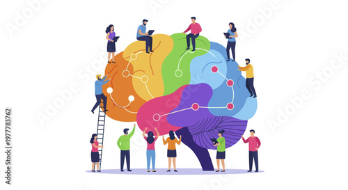 Diverse team collaborates on a colorful abstract brain concept.