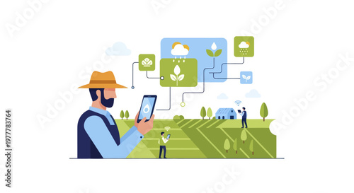 Farmer using smartphone for smart farming technology in agriculture.