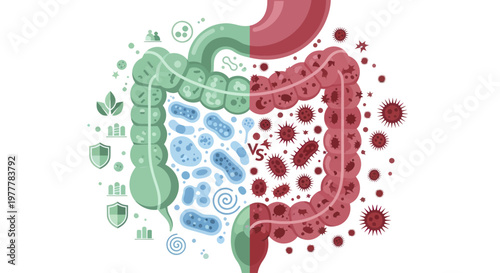 Gut Microbiome Health Versus Disease Illustration.
