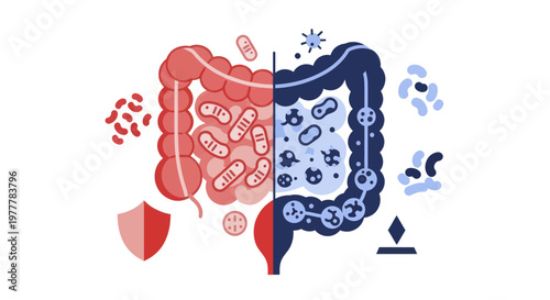 Healthy Gut Microbiome Versus Unhealthy Gut Bacteria Illustration.