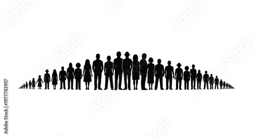 Silhouette of a large diverse group of people standing together in a line.