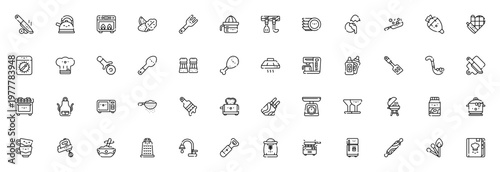 Kitchen Utensils icon set. Vector illustration of cooking tools and equipment. Includes knife, teapot, oven, vegetables, fork, mixer, refrigerator, and more. Editable stroke.