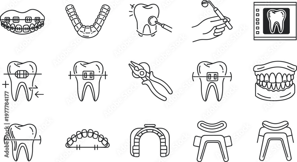 Fototapeta premium Set of Line Icons Representing Braces, Orthodontic Treatment, Teeth Alignment, and Dental Tools for Orthodontics and Oral Care