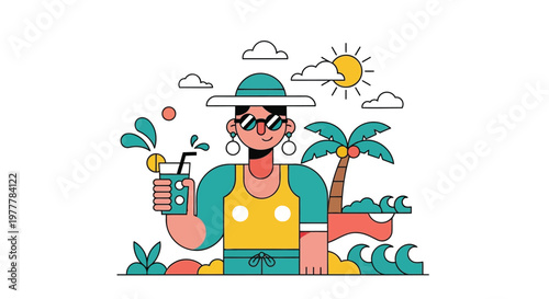 Summer vacation, tropical getaway, colorful illustration, flat design, cocktail drink
