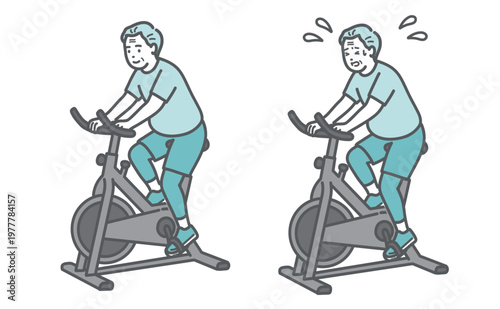 フィットネスバイクを漕ぐぽっちゃり体型のシニア男性の比較セットイラスト