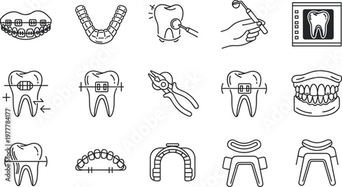 Set of Line Icons Representing Braces, Orthodontic Treatment, Teeth Alignment, and Dental Tools for Orthodontics and Oral Care
