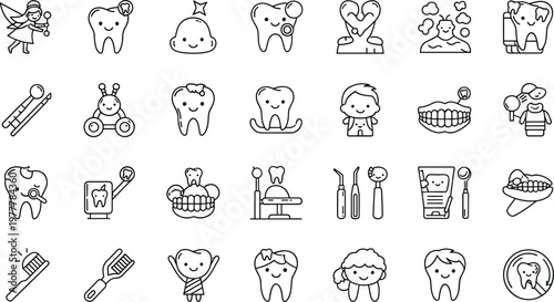 Set of Line Icons Representing Child Dental Care, Toothbrushing, and Fun Oral Health for Pediatric Dentistry and Oral Hygiene