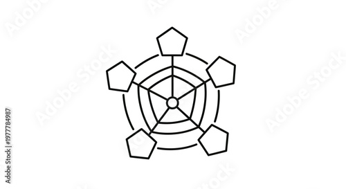 Black outline of a five-pointed star shape with a circular hub and five outer pentagons