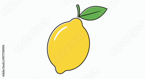 A simple illustration of a yellow lemon with a green leaf on a white background