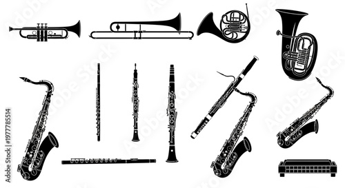 Collection of Musical Instruments Silhouette: Brass and Woodwind Instruments