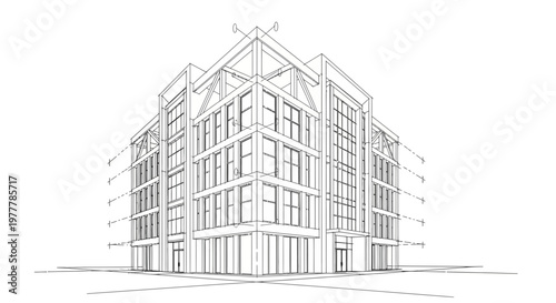 Modern Office Building Sketch: Architectural Design, Facade, Windows, Construction