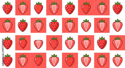Seamless Pattern of Fresh Strawberries and Slices on Red Checkered Background