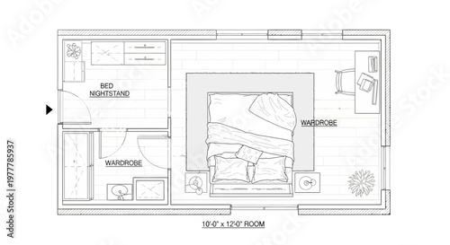 Bedroom Floor Plan Layout: Bed, Wardrobe, Nightstand, Desk - Modern Design