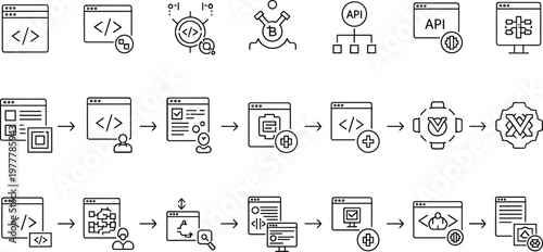 Set of Line Icons Representing API Integration, Web Development, Software Engineering, and Programming Process for Tech and Development