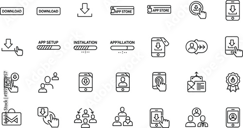 Set of Line Icons Representing App Downloads, Installation, App Store, and Mobile Application Setup for Digital Marketing and App Management
