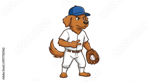 Photography Athletic Dog Baseball Mascot Cartoon Character Wearing White Uniform and Cap
