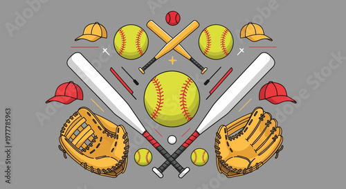 Baseball and Softball Equipment Flat Lay: Bats, Gloves, Balls, Caps, and Mitts