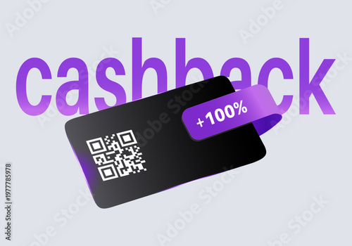 3d render of a black payment card with a qr code and cashback tag