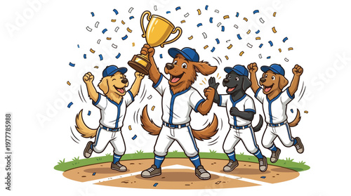Champion Baseball Dog Team Celebrating Victory with Gold Trophy and Confetti Illustration on Baseball Field