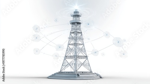 Abstract 3D tower with radar communication icons, symbolic for flight safety, white background