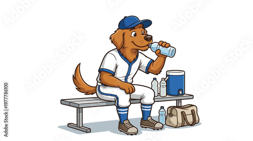 Cute Cartoon Dog Athlete in Baseball Uniform Drinking Water on Bench for Hydration Illustration