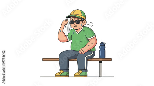 Overweight Man Wiping Sweat While Sitting on Bench After Exercise in Hot Weather Cartoon Illustration