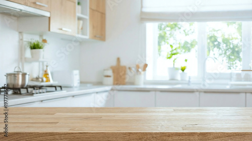 Empty wooden table top with blurred bright kitchen background for product display mockup