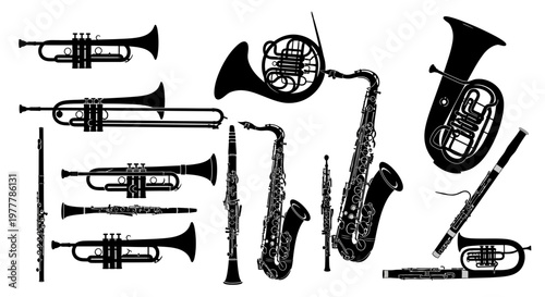 Collection of Musical Instruments Silhouette: Brass and Woodwind Instruments