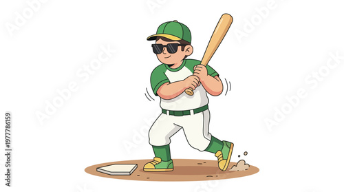 Cute Little Boy in Baseball Uniform Wearing Sunglasses Holding Bat Illustration for Sports and Youth Concept