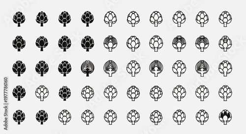 Artichoke Icons Set: Black and White Variations, Outline and Filled Styles