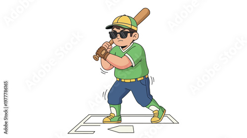 Cartoon Boy Baseball Player Wearing Sunglasses Holding Bat in Professional Stance on White Background Illustration