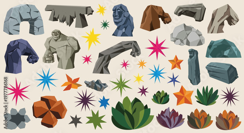 Ancient Stone Sculptures, Rocks, and Succulents Collection - Pixel Art Style