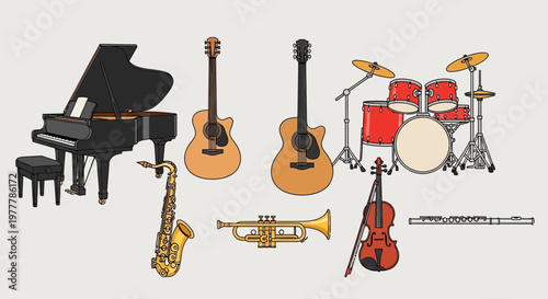 Collection of Musical Instruments: Piano, Guitar, Saxophone, Trumpet, Violin, Flute, Drums