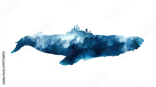 Abstract concept: submarine silhouette forming shape of a whale, isolated cleanly on white