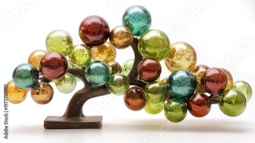 Abstract festive sculpture made from glass spheres in tree shape, isolated on white background
