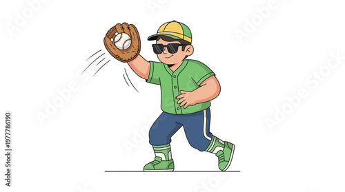 Cartoon Boy Character Playing Baseball and Catching Ball with a Glove Wearing Sunglasses and Sports Uniform