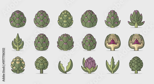 Artichoke Icons: Pixel Art Collection of Fresh Vegetables and Food Ingredients